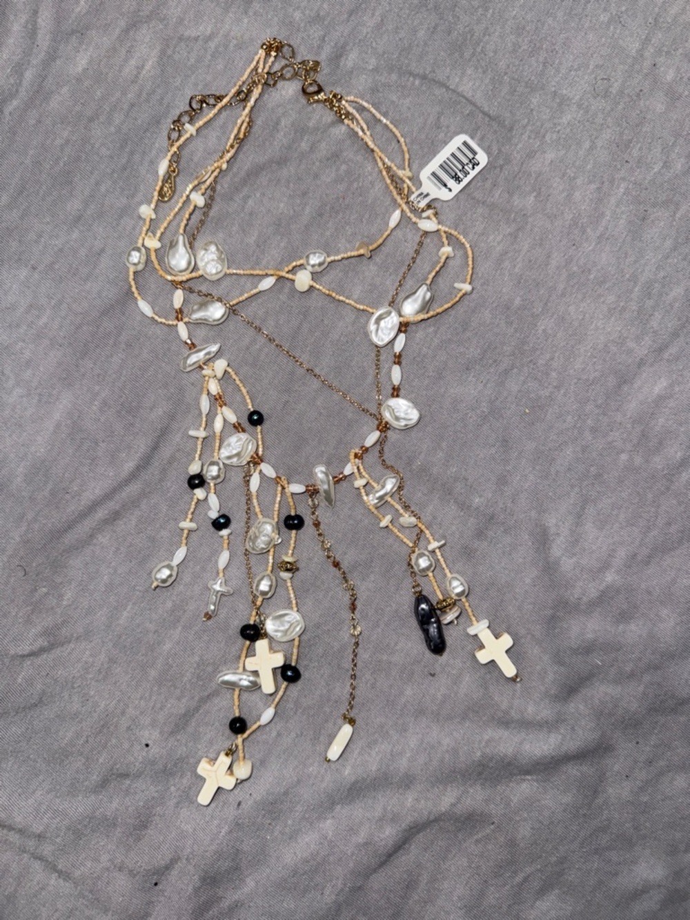 Gold Bead and Mother-of-Pearl Cross Multi-Strand Necklace